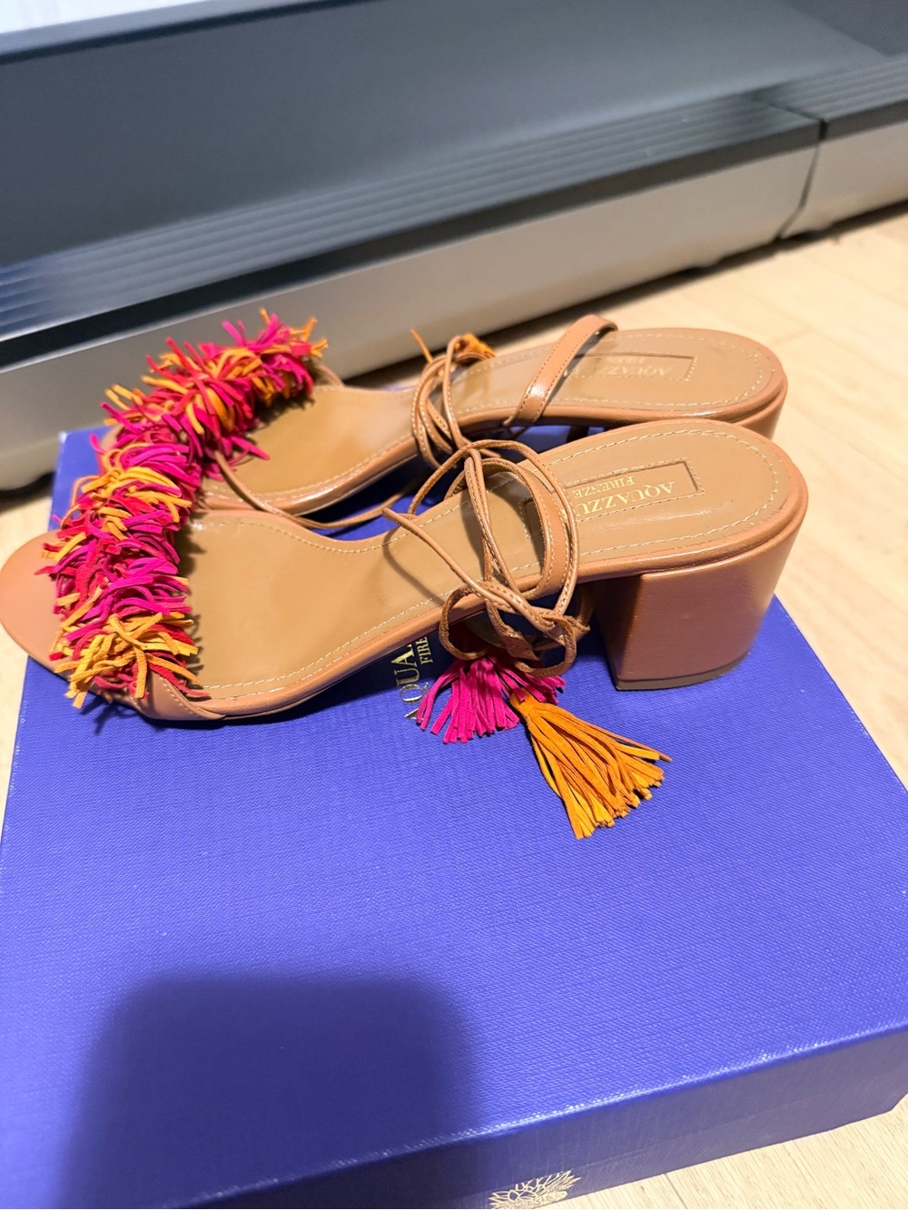 Aquazzura Tan Block Heel Sandals with Pink & Orange Tassel Fringe